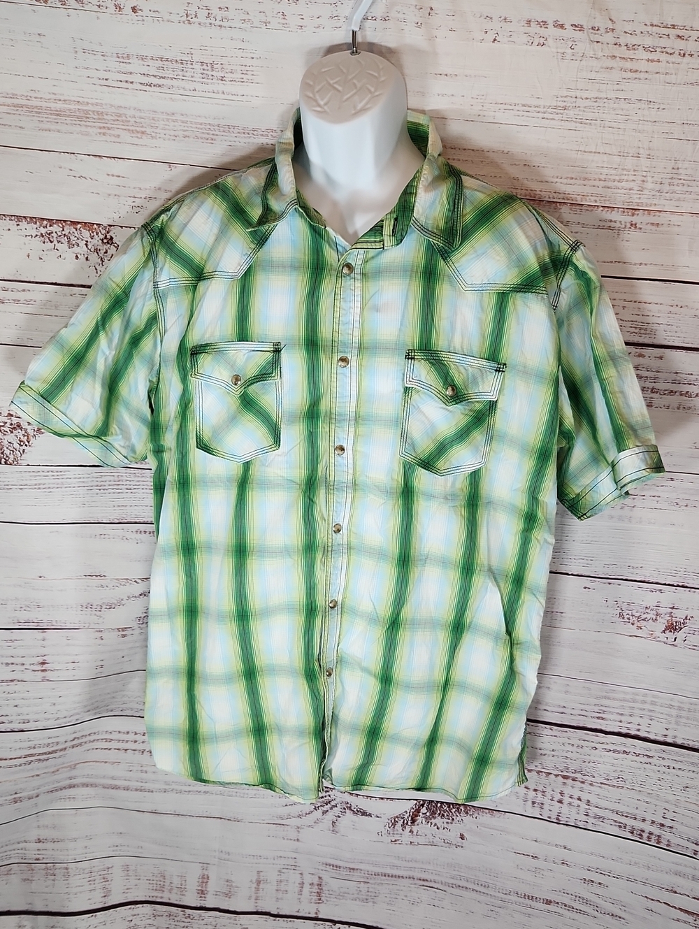 Wrangler Green Plaid Short-Sleeve peral Snap Shirt
